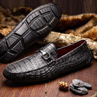 Marco Di Milano Parma Men's Shoes Black Exotic Crocodile Moccasin Driver Horsebit Loafers (MDM1187)-AmbrogioShoes