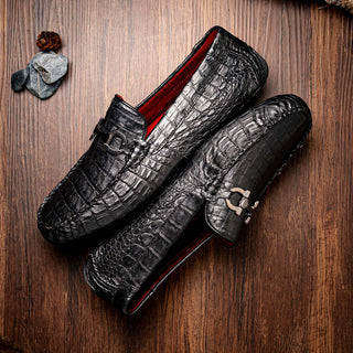 Marco Di Milano Parma Men's Shoes Black Exotic Crocodile Moccasin Driver Horsebit Loafers (MDM1187)-AmbrogioShoes