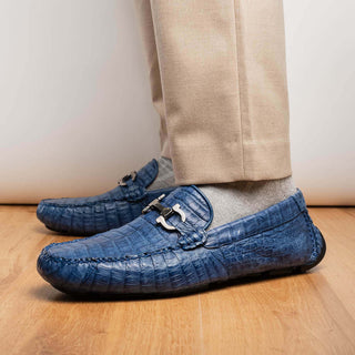 Marco Di Milano Parma Men's Shoes Blue Jeans Exotic Crocodile Moccasin Driver Horsebit Loafers (MDM1187)-AmbrogioShoes