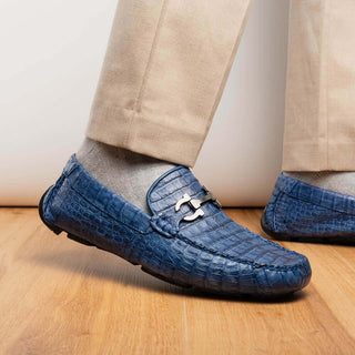 Marco Di Milano Parma Men's Shoes Blue Jeans Exotic Crocodile Moccasin Driver Horsebit Loafers (MDM1187)-AmbrogioShoes