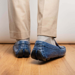 Marco Di Milano Parma Men's Shoes Blue Jeans Exotic Crocodile Moccasin Driver Horsebit Loafers (MDM1187)-AmbrogioShoes