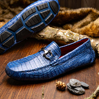 Marco Di Milano Parma Men's Shoes Blue Jeans Exotic Crocodile Moccasin Driver Horsebit Loafers (MDM1187)-AmbrogioShoes