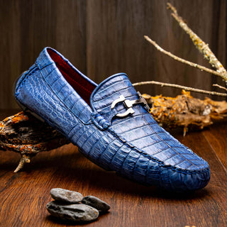 Marco Di Milano Parma Men's Shoes Blue Jeans Exotic Crocodile Moccasin Driver Horsebit Loafers (MDM1187)-AmbrogioShoes