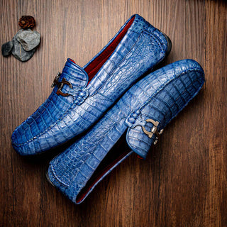 Marco Di Milano Parma Men's Shoes Blue Jeans Exotic Crocodile Moccasin Driver Horsebit Loafers (MDM1187)-AmbrogioShoes