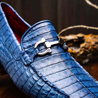 Marco Di Milano Parma Men's Shoes Blue Jeans Exotic Crocodile Moccasin Driver Horsebit Loafers (MDM1187)-AmbrogioShoes