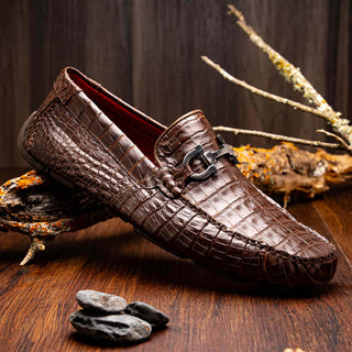 Marco Di Milano Parma Men's Shoes Brown Exotic Crocodile Moccasin Driver Horsebit Loafers (MDM1187)-AmbrogioShoes