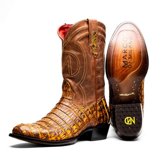 Marco Di Milano Phoenix Men's Shoes Mustard Brown Exotic Crocodile Skin Cowboy Boot (MDM1234)-AmbrogioShoes