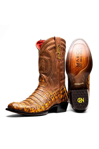 Marco Di Milano Phoenix Mustard Brown Exotic Crocodile Skin Cowboy Boot (MDM1234)-AmbrogioShoes