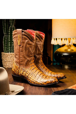 Marco Di Milano Phoenix Mustard Brown Exotic Crocodile Skin Cowboy Boot (MDM1234)-AmbrogioShoes