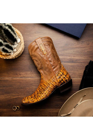 Marco Di Milano Phoenix Mustard Brown Exotic Crocodile Skin Cowboy Boot (MDM1234)-AmbrogioShoes