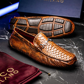 Marco Di Milano Pia Men's Shoes Cognac Exotic Python Skin Horse-Bit Loafer (MDM1240)-AmbrogioShoes