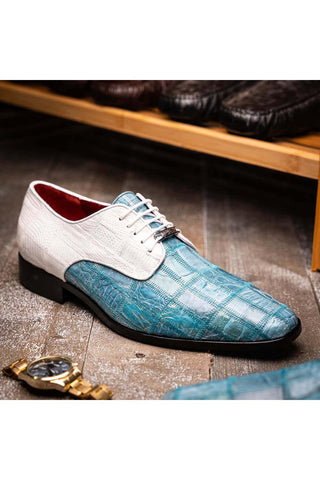 Marco Di Milano Pissa Aqua & White Genuine Caiman Crocodile / Lizard Patchwork Derby (MDM1209)-AmbrogioShoes