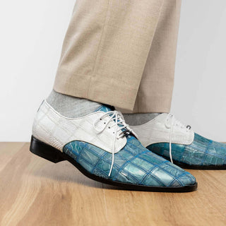 Marco Di Milano Pissa Men's Shoes Aqua & White Genuine Caiman Crocodile / Lizard Patchwork Derby (MDM1209)-AmbrogioShoes