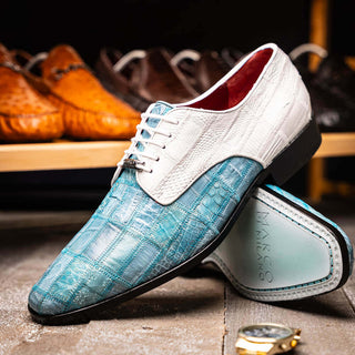 Marco Di Milano Pissa Men's Shoes Aqua & White Genuine Caiman Crocodile / Lizard Patchwork Derby (MDM1209)-AmbrogioShoes