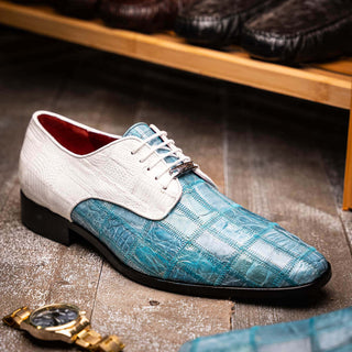 Marco Di Milano Pissa Men's Shoes Aqua & White Genuine Caiman Crocodile / Lizard Patchwork Derby (MDM1209)-AmbrogioShoes