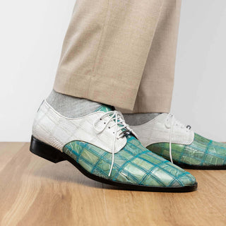 Marco Di Milano Pissa Men's Shoes Turquoise & White Genuine Caiman Crocodile / Lizard Patchwork Derby (MDM1209)-AmbrogioShoes