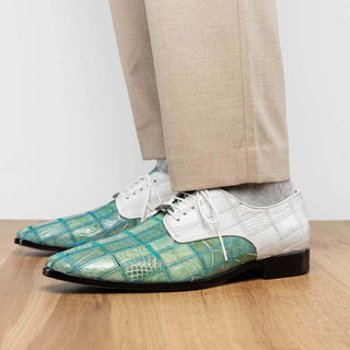 Marco Di Milano Pissa Men's Shoes Turquoise & White Genuine Caiman Crocodile / Lizard Patchwork Derby (MDM1209)-AmbrogioShoes