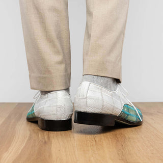 Marco Di Milano Pissa Men's Shoes Turquoise & White Genuine Caiman Crocodile / Lizard Patchwork Derby (MDM1209)-AmbrogioShoes