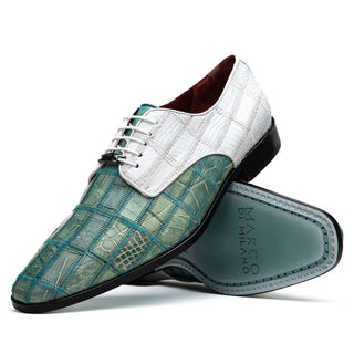 Marco Di Milano Pissa Men's Shoes Turquoise & White Genuine Caiman Crocodile / Lizard Patchwork Derby (MDM1209)-AmbrogioShoes