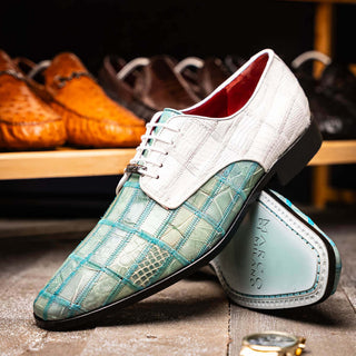 Marco Di Milano Pissa Men's Shoes Turquoise & White Genuine Caiman Crocodile / Lizard Patchwork Derby (MDM1209)-AmbrogioShoes