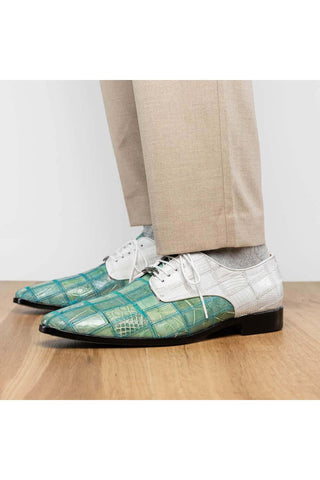 Marco Di Milano Pissa Turquoise & White Genuine Caiman Crocodile / Lizard Patchwork Derby (MDM1209)-AmbrogioShoes