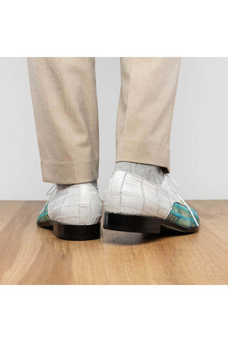 Marco Di Milano Pissa Turquoise & White Genuine Caiman Crocodile / Lizard Patchwork Derby (MDM1209)-AmbrogioShoes