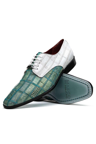 Marco Di Milano Pissa Turquoise & White Genuine Caiman Crocodile / Lizard Patchwork Derby (MDM1209)-AmbrogioShoes