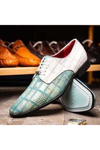 Marco Di Milano Pissa Turquoise & White Genuine Caiman Crocodile / Lizard Patchwork Derby (MDM1209)-AmbrogioShoes