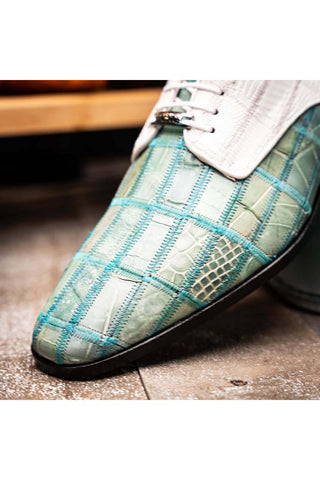 Marco Di Milano Pissa Turquoise & White Genuine Caiman Crocodile / Lizard Patchwork Derby (MDM1209)-AmbrogioShoes