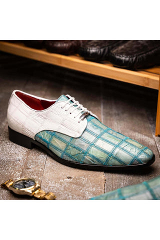 Marco Di Milano Pissa Turquoise & White Genuine Caiman Crocodile / Lizard Patchwork Derby (MDM1209)-AmbrogioShoes