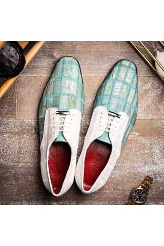 Marco Di Milano Pissa Turquoise & White Genuine Caiman Crocodile / Lizard Patchwork Derby (MDM1209)-AmbrogioShoes