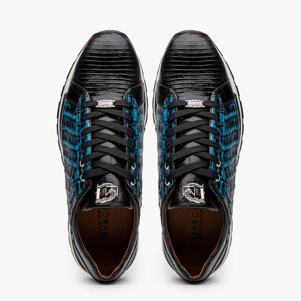Marco Di Milano Portici Men's Shoes Blue & Black Exotic Lizard / Crocodile Casual Sneakers (MDM1017)-AmbrogioShoes