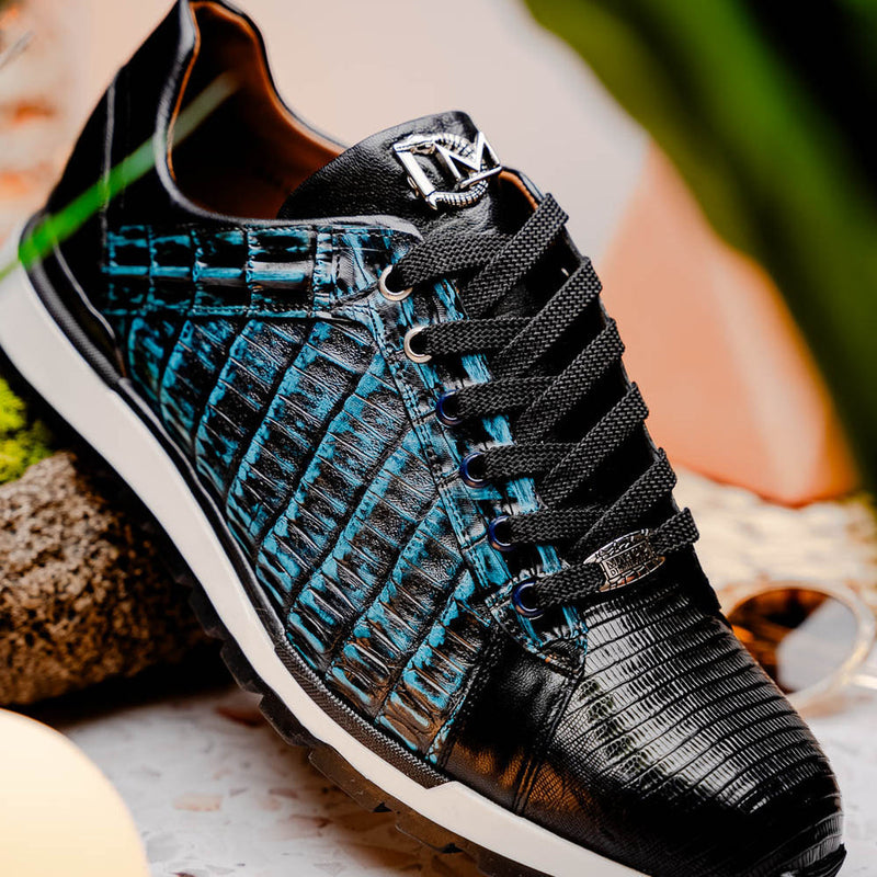 Marco Di Milano Portici Men's Shoes Blue & Black Exotic Lizard / Crocodile Casual Sneakers (MDM1017)-AmbrogioShoes
