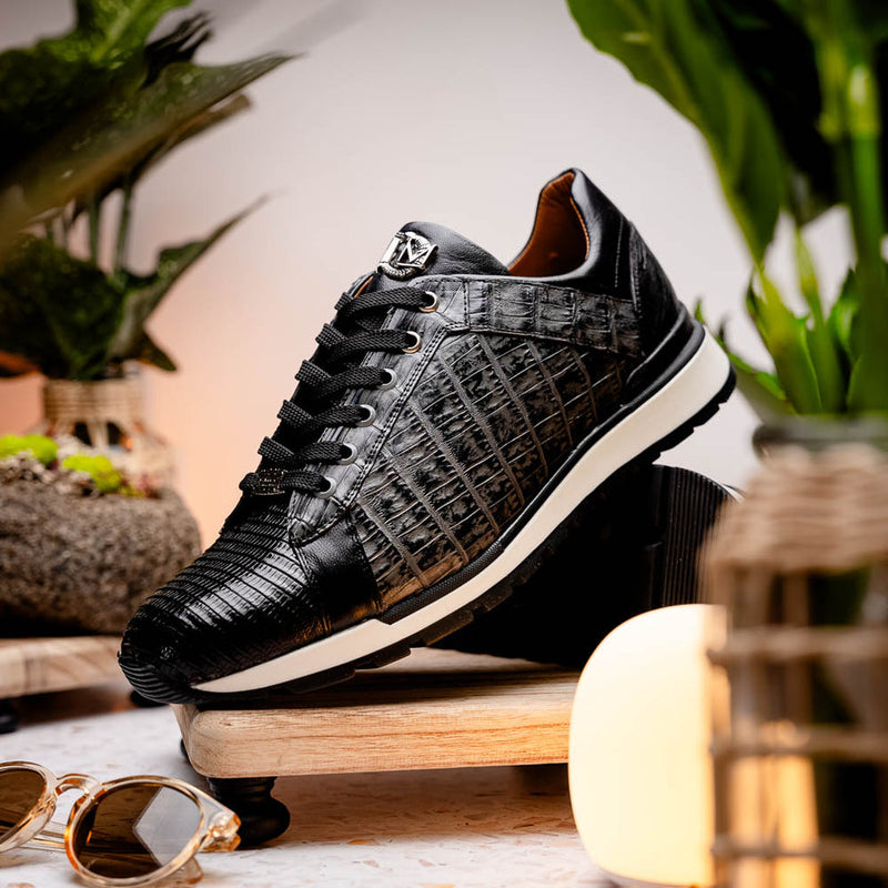 Marco Di Milano Portici Men's Shoes Gray & Black Exotic Lizard / Crocodile Casual Sneakers (MDM1013)-AmbrogioShoes
