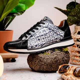 Marco Di Milano Portici Men's Shoes Newspaper & Black Exotic Lizard / Crocodile Casual Sneakers (MDM1016)-AmbrogioShoes