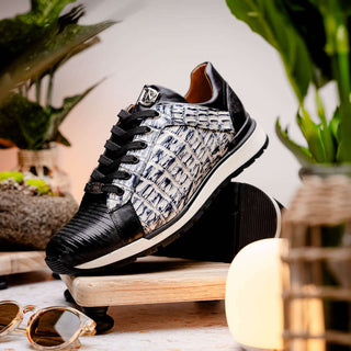 Marco Di Milano Portici Men's Shoes Newspaper & Black Exotic Lizard / Crocodile Casual Sneakers (MDM1016)-AmbrogioShoes
