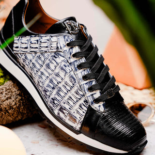 Marco Di Milano Portici Men's Shoes Newspaper & Black Exotic Lizard / Crocodile Casual Sneakers (MDM1016)-AmbrogioShoes