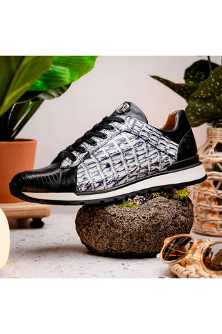 Marco Di Milano Portici Newspaper & Black Exotic Lizard / Crocodile Casual Sneakers (MDM1016)-AmbrogioShoes