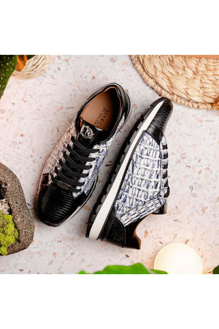 Marco Di Milano Portici Newspaper & Black Exotic Lizard / Crocodile Casual Sneakers (MDM1016)-AmbrogioShoes