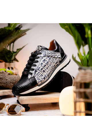 Marco Di Milano Portici Newspaper & Black Exotic Lizard / Crocodile Casual Sneakers (MDM1016)-AmbrogioShoes