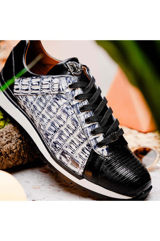 Marco Di Milano Portici Newspaper & Black Exotic Lizard / Crocodile Casual Sneakers (MDM1016)-AmbrogioShoes