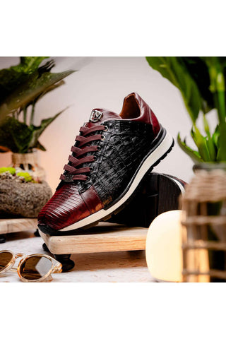 Marco Di Milano Portici Wine & Black Exotic Lizard / Crocodile Casual Sneakers (MDM1016)-AmbrogioShoes