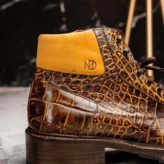 Marco Di Milano Potenza Men's Shoes Mustard & Brown Exotic Crocodile / Leather Lace Up Boots (MDM1202)-AmbrogioShoes