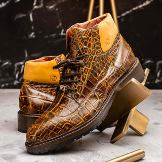 Marco Di Milano Potenza Men's Shoes Mustard & Brown Exotic Crocodile / Leather Lace Up Boots (MDM1202)-AmbrogioShoes