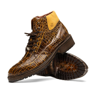 Marco Di Milano Potenza Men's Shoes Mustard & Brown Exotic Crocodile / Leather Lace Up Boots (MDM1202)-AmbrogioShoes