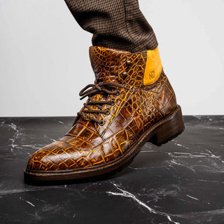 Marco Di Milano Potenza Men's Shoes Mustard & Brown Exotic Crocodile / Leather Lace Up Boots (MDM1202)-AmbrogioShoes