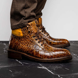 Marco Di Milano Potenza Men's Shoes Mustard & Brown Exotic Crocodile / Leather Lace Up Boots (MDM1202)-AmbrogioShoes
