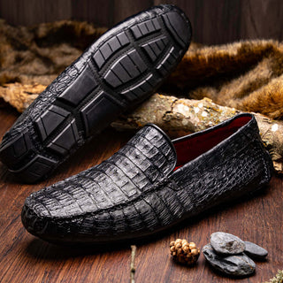 Marco Di Milano Remo Men's Shoes Black Exotic Crocodile Moccasin Driver Loafers (MDM1188)-AmbrogioShoes