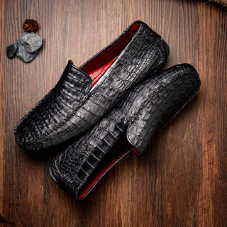 Marco Di Milano Remo Men's Shoes Black Exotic Crocodile Moccasin Driver Loafers (MDM1188)-AmbrogioShoes