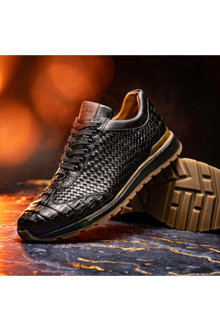 Marco Di Milano Roma Black Woven Calfskin / Genuine Caiman Crocodile Fashion Sneaker (MDM1106)-AmbrogioShoes